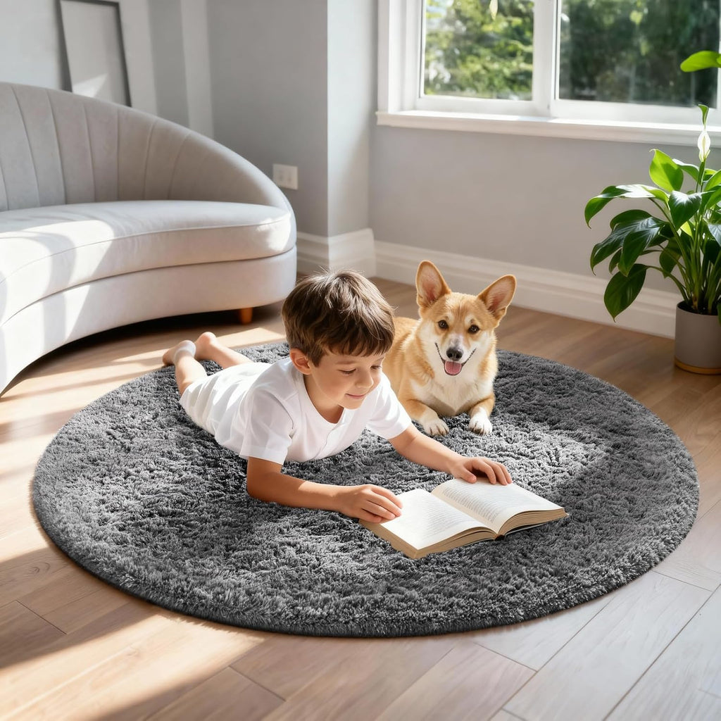 Ophanie Round Rug - 4Ft Grey Circle Area Rug | Fluffy Plush Shag Carpet for Bedroom & Nursery