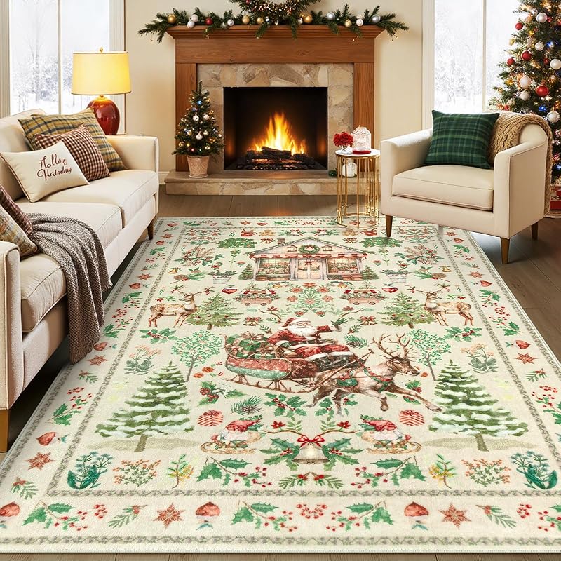 Beige Santa Claus 5x7 Area Rug - Xmas Christmas Living Room, Washable, Non-Slip Backing