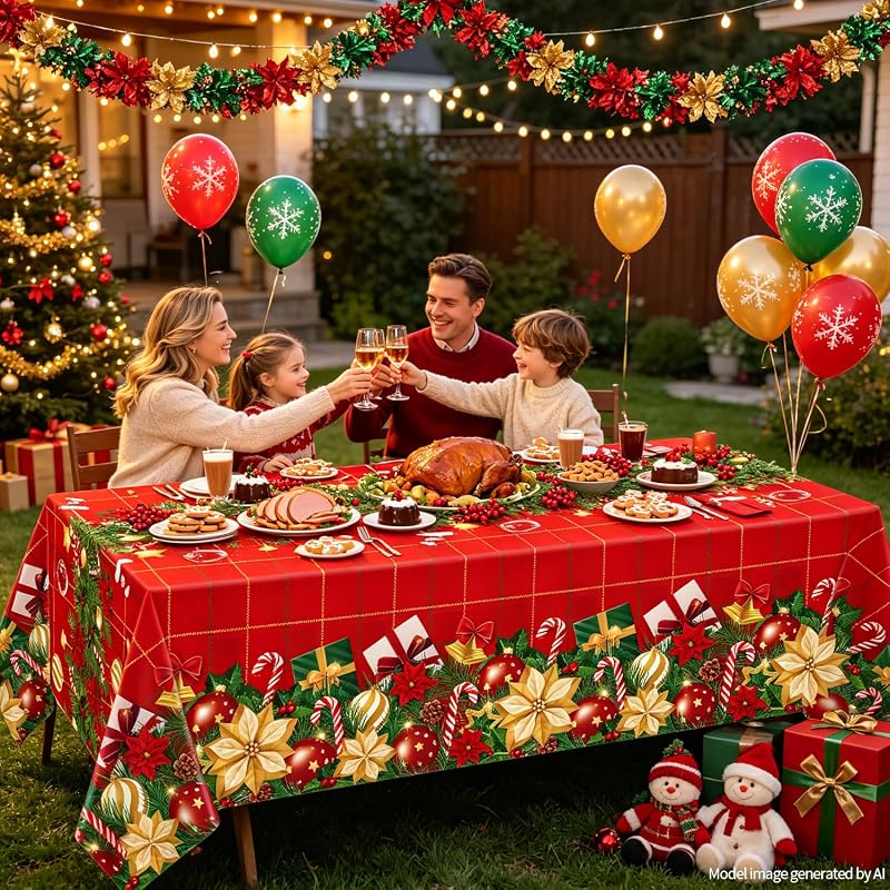 4 Pcs Christmas Poinsettia Plaid Tablecloth 51 x 86 inches - Red Holiday Plastic Table Cover (Variation of THIS listing: 1)