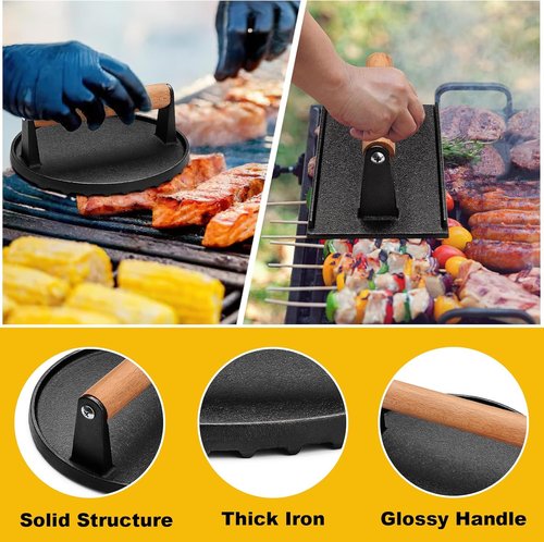 AIVIKI Burger Press - Heavy Duty Cast Iron Smash Burger Press | Round 6.9In & Rectangular 8.2x4.2In