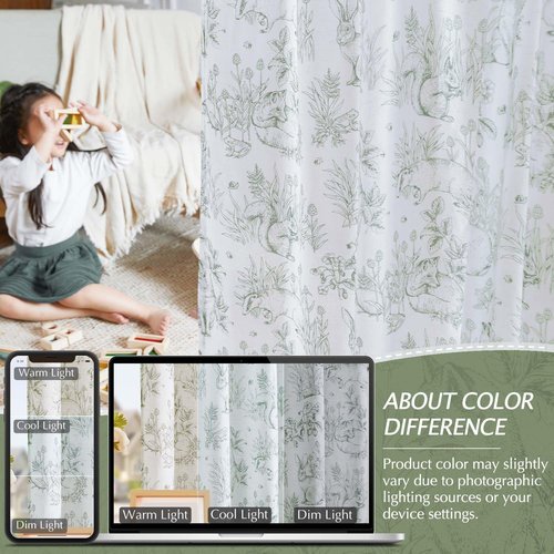 Vangao Easter Sage Green Nursery Curtains for Kids Room Linen Curtains 72 Inch Long Farmhouse Drapes with Bunny Woodland Wildlife Print Light Filtering French Country Forest 2 Panels