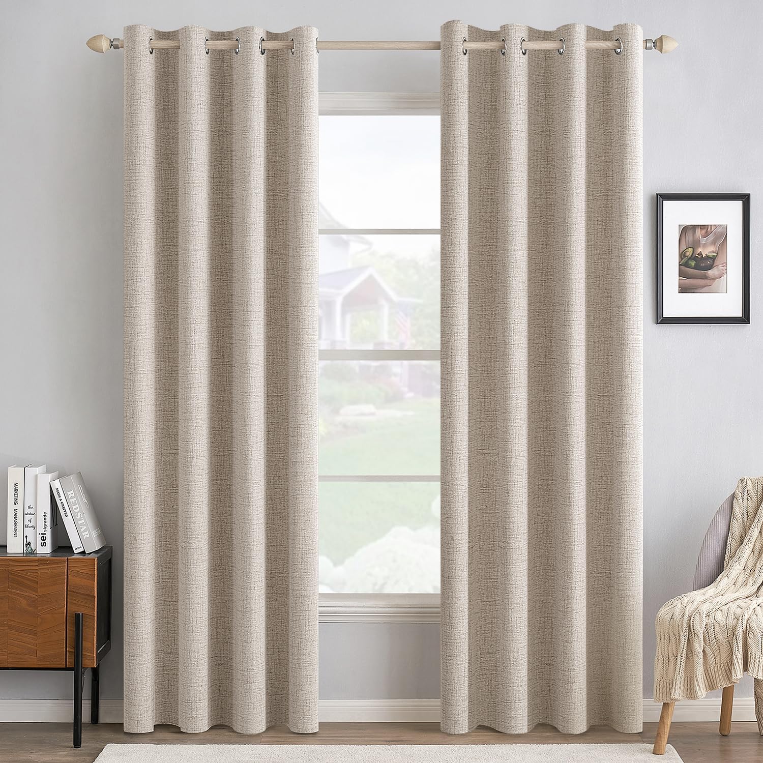 MIULEE 100% Blackout Linen Textured Curtains - Thermal Insulated Room Darkening Drapes | 52 x 72 Inch (2 Panels)