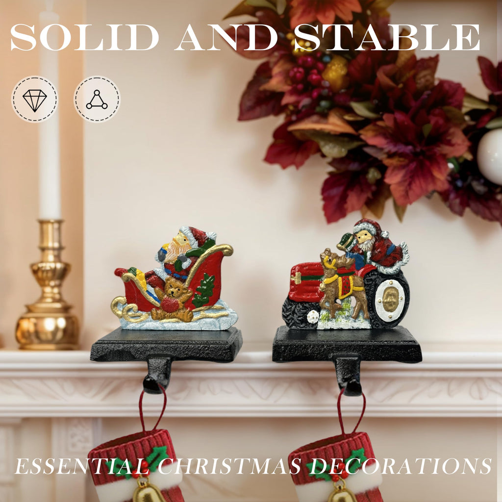 Linton Arts 2 Pack Cast Iron Christmas Stocking Holders for Mantle, Santa Claus Weighted Stocking Holder with Non-Slip Base, Vintage Ornament Hooks (Christmas Stocking Holders)