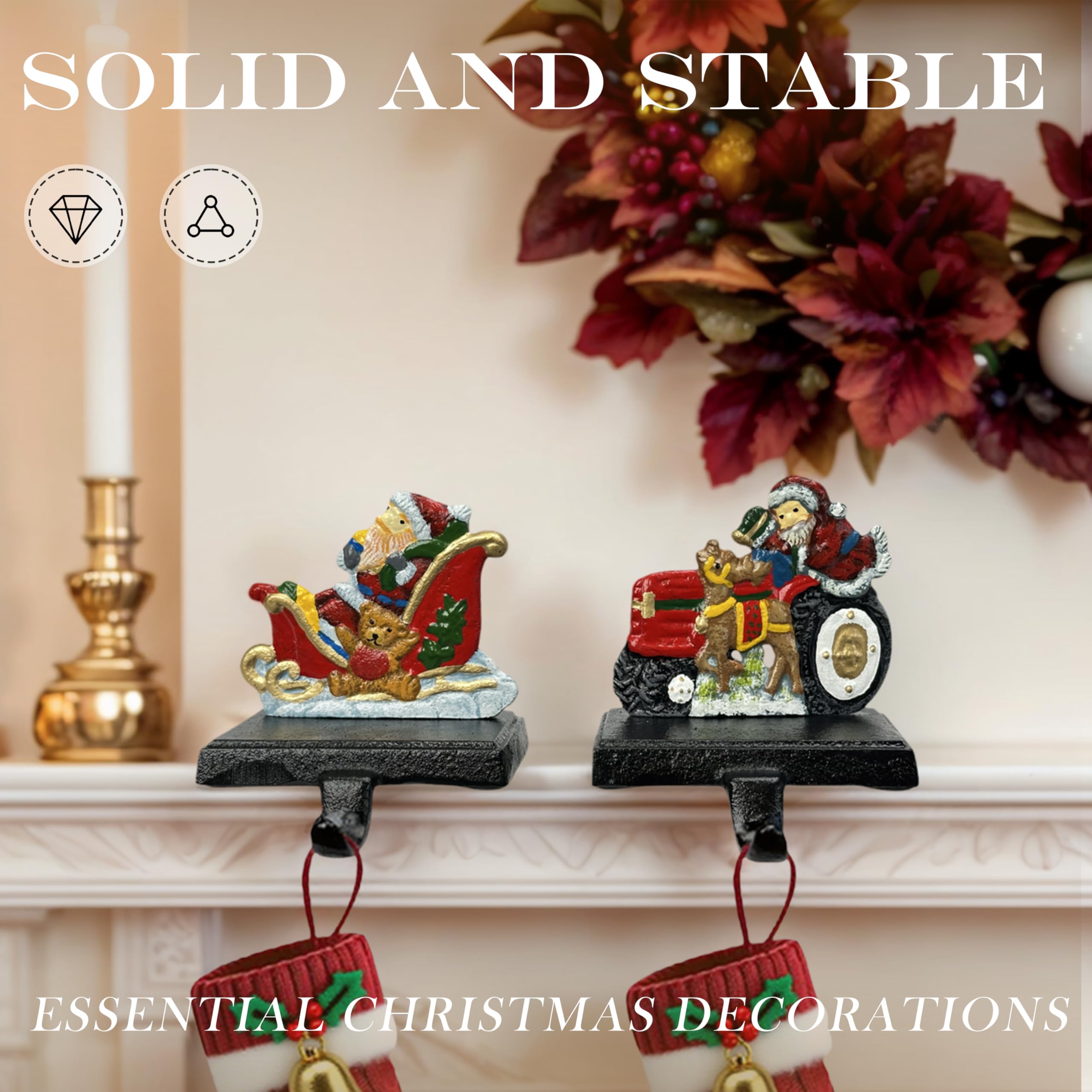 Linton Arts 2 Pack Cast Iron Christmas Stocking Holders for Mantle, Santa Claus Weighted Stocking Holder with Non-Slip Base, Vintage Ornament Hooks (Christmas Stocking Holders)