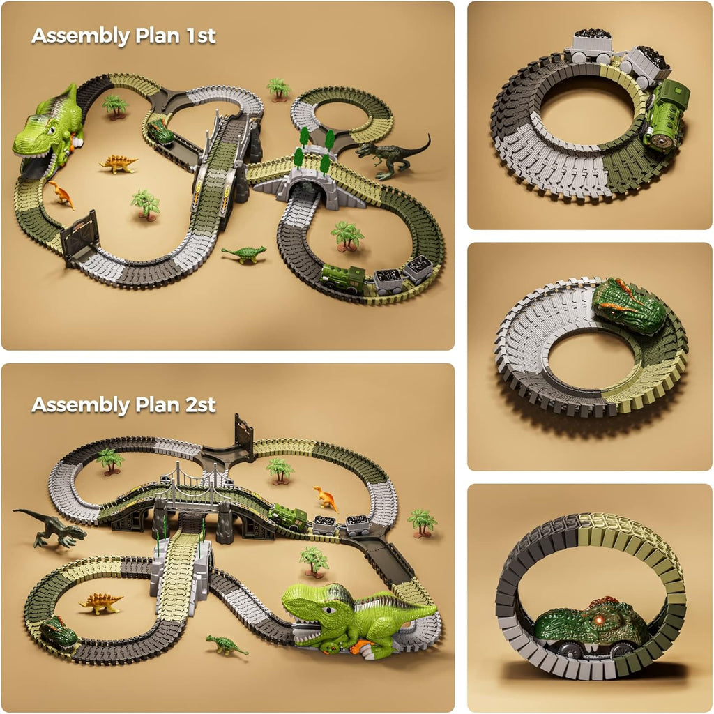 TUMAMA Dinosaur Train Set - 281 Pcs Flexible Race Track with 4 Dinosaur Figures & 2 Electric Cars for Kids 3-7