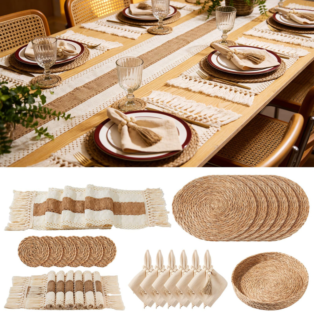Swiscena 32 Pcs Boho Placemats Table Setting Set (6 Sets),Hand-Woven Natural Water Hyacinth Mats,Cloth Napkins,Napkin Rings,Linen Runner,Storage Basket&Coasters,Boho Kitchen Decor Dining Table Decor