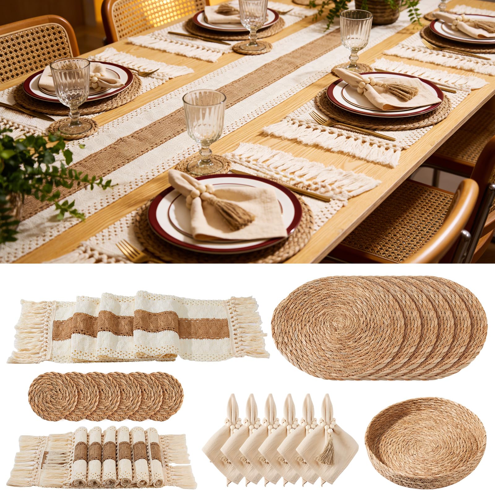 Swiscena 32 Pcs Boho Placemats Table Setting Set (6 Sets),Hand-Woven Natural Water Hyacinth Mats,Cloth Napkins,Napkin Rings,Linen Runner,Storage Basket&Coasters,Boho Kitchen Decor Dining Table Decor