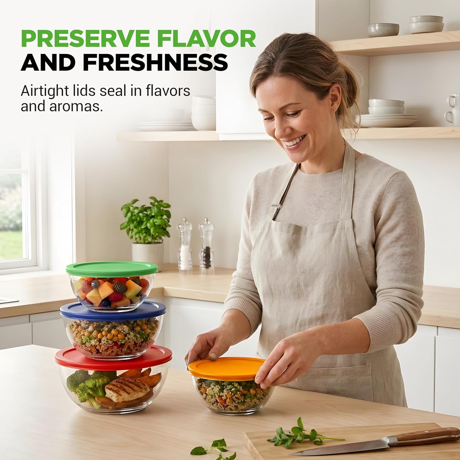 NutriChef 4-Piece Glass Mixing Bowl Set - Premium Non-Toxic Borosilicate Bowls with Airtight Lids (1 QT-3.7 QT)