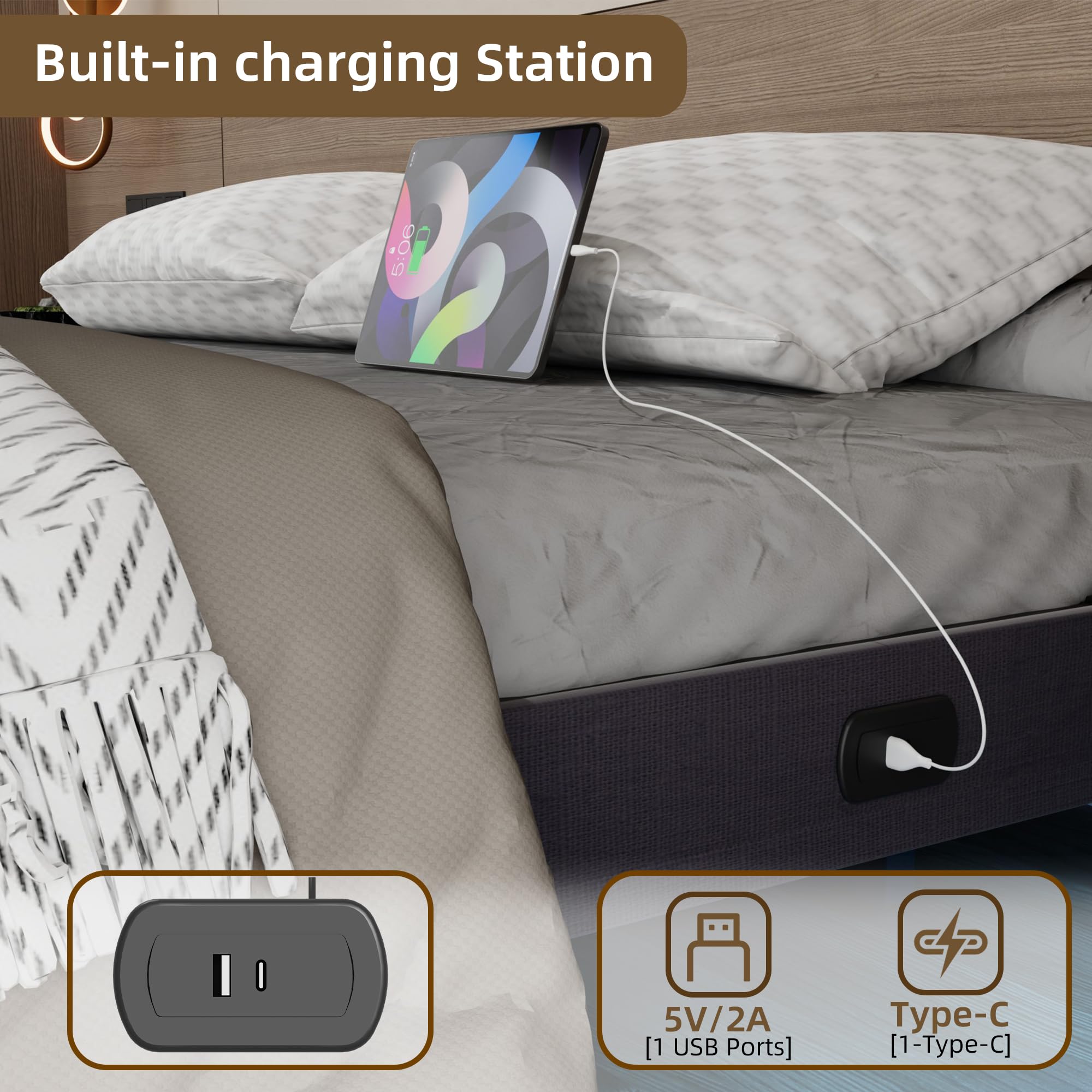 Muluflower Floating Bed Frame Full Size with LED Lights and Charging Station, Grey Linen Metal Platform Bed Frame, Easy Assembly, No Box Spring Needed (Full)