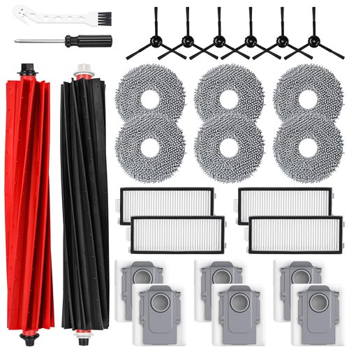 26 Pack Replacement Accessories for Roborock Qrevo Master/Qrevo Slim Robot Vacuum Cleaner, 2 Main Brush 6 Side Brushes 4 HEPA Filters 6 Mop Pads 6 Dust Bags 1 Cleaning Brush 1 Screwdriver