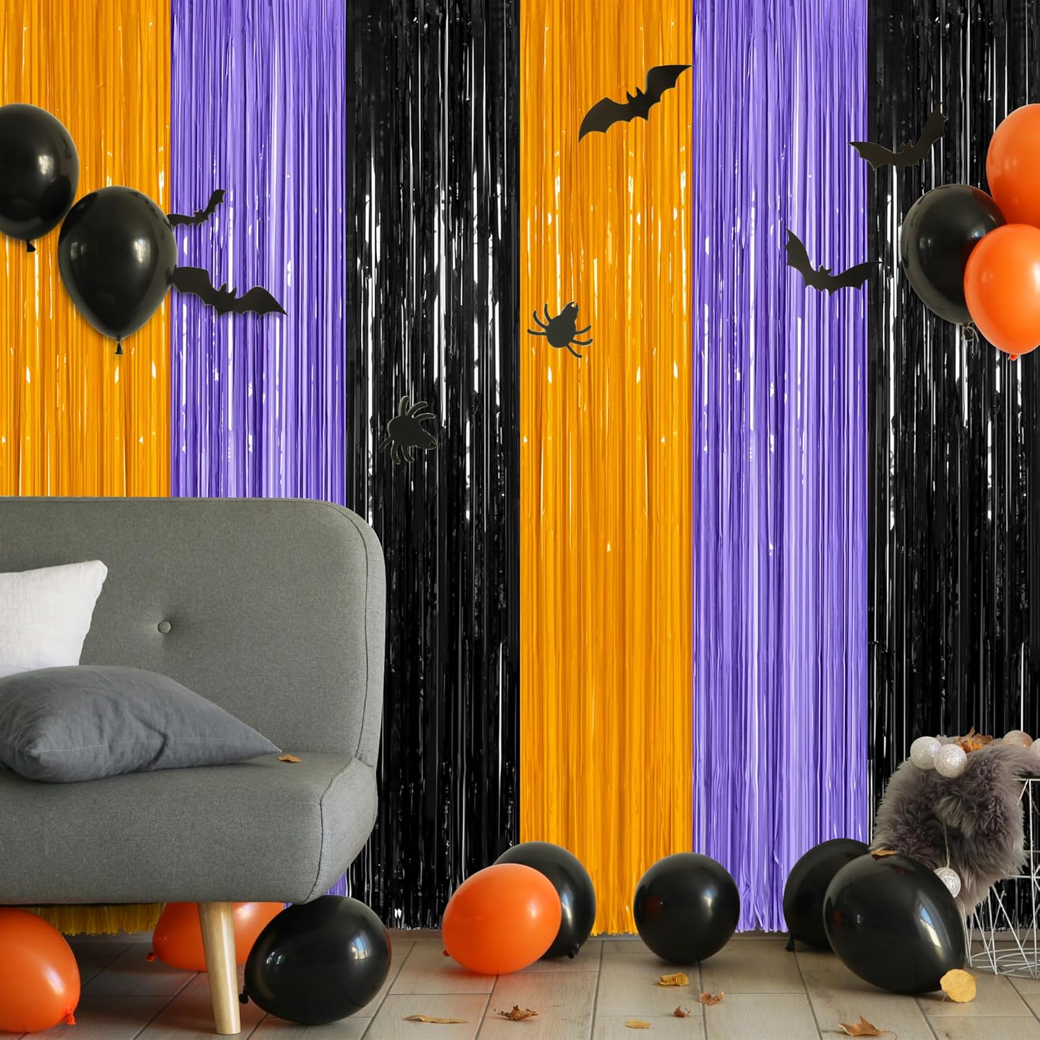 Regine Switzerland 2 Pack Halloween Backdrop - 3.28 FT x 7.05 FT Foil Fringe Curtains | Orange, Purple & Black Party Decor