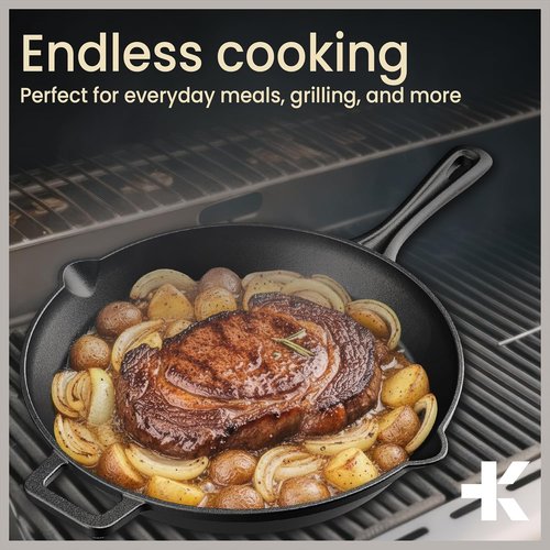 Bakken Pre-Seasoned Cast Iron Skillet - 12" Frying Pan with Glass Lid & Silicone Handle | Versatile Cookware for Even Heat Distribution