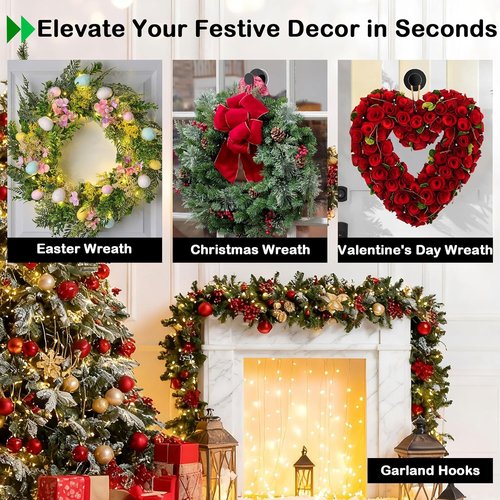 Black Wreath Hanger - 22LB Strong Suction Cup Hook for Indoor/Outdoor Decor | Reusable for Christmas & Easter