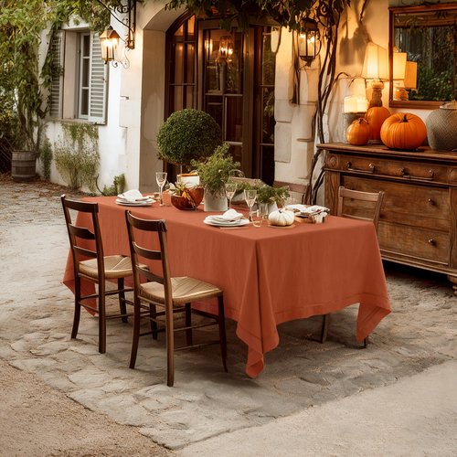 Linen World Fall Linen Tablecloth 120" x 60" Inch,French Linen Washable Rectangular Table Cloth for Dining,Outdoor,Weddings and Restaurants,Decorative Thanksgiving Christmas,Burnt Orange Hemstitch