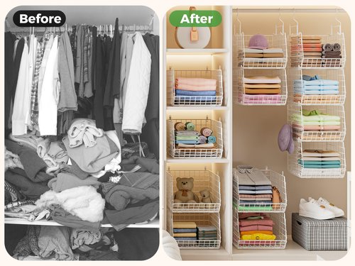 4" Extra Deeper Foldable Hanging Closet Organizer, Small Wire Cabinet Shelves and Storage with 5 S Hooks,4 Tier Metal Basket Bins for Clothes Sweaters Handbags, Wardrobe for Kitchen Laundry Room，White