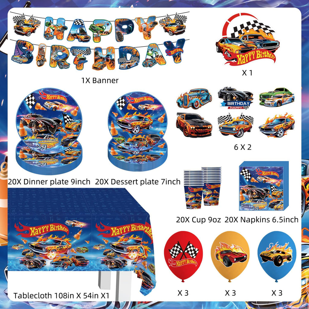Hot Car Birthday Decorations Tableware 104Pcs Blue Car Themed Party Supplies Include Banner Balloons Plates Napkins Cups Tablecloth Cupcake Toppers and Cake Topper for Birthday Party Decor Sever 20