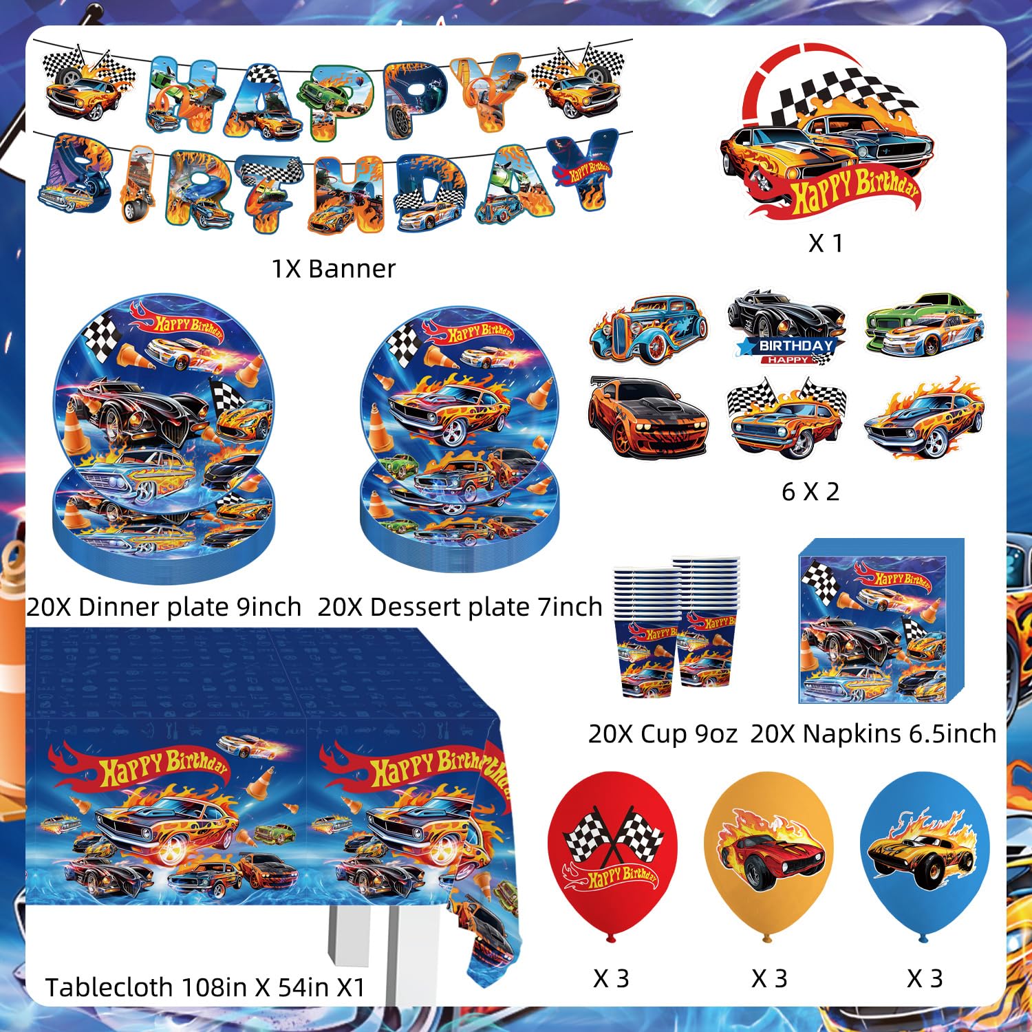 Hot Car Birthday Decorations Tableware 104Pcs Blue Car Themed Party Supplies Include Banner Balloons Plates Napkins Cups Tablecloth Cupcake Toppers and Cake Topper for Birthday Party Decor Sever 20