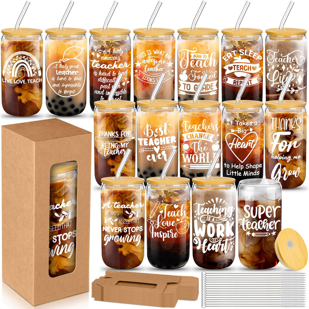 Pickmesh 16 Sets Teacher Week Employee Gifts for Teacher Appreciation Graduation Gifts Bulk Week Cups Thank You Cup 16 oz Glass Cups with Lid Straw and Gift Boxes(Classic)