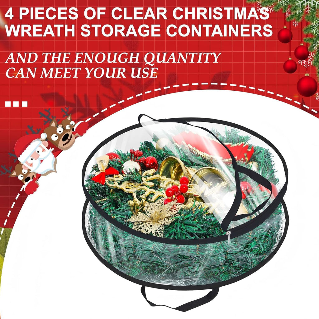 Zhengmy Wreath Storage Bags - 4 Pack Clear Christmas Wreath Containers with Handles & Dual Zippers | Black
