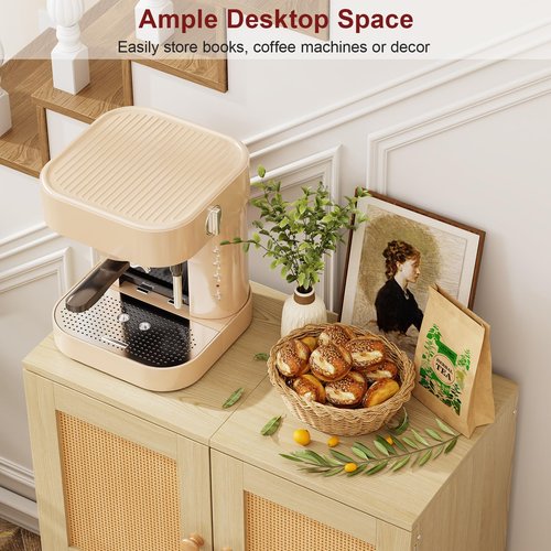 Sideboard Buffet Kitchen Storage Cabinet , Small Coffee Bar Cabinet with Rattan Doors and Tall Solid Wood Legs, Boho Accent Media Console Credenza Cabinet for Entryway,Living Room,Kitchen, Small Space