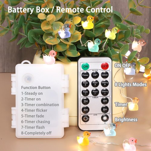 Holitown Tiny Duck String Lights Battery/USB Powered - 10ft 40 Lights Multi-Color Duck, Remote Control LED Fairy Warm White Light for DIY Crafts Wedding Table Centerpieces Party Bedroom Christmas