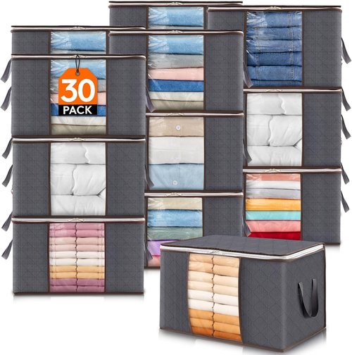 Lifewit 30 Pack Clothes Storage Bins - 60L Foldable Bags with Lids, Clear Window & Reinforced Handles