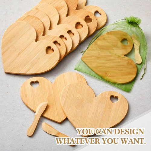 Nuenen 20 Pcs Mini Wooden Charcuterie Board Bulk, Small Wood Cutting Board for Crafts Laser Engraving with Knives Organza Bags Wedding Baby Shower Favors Gift (Heart,Bamboo Color)