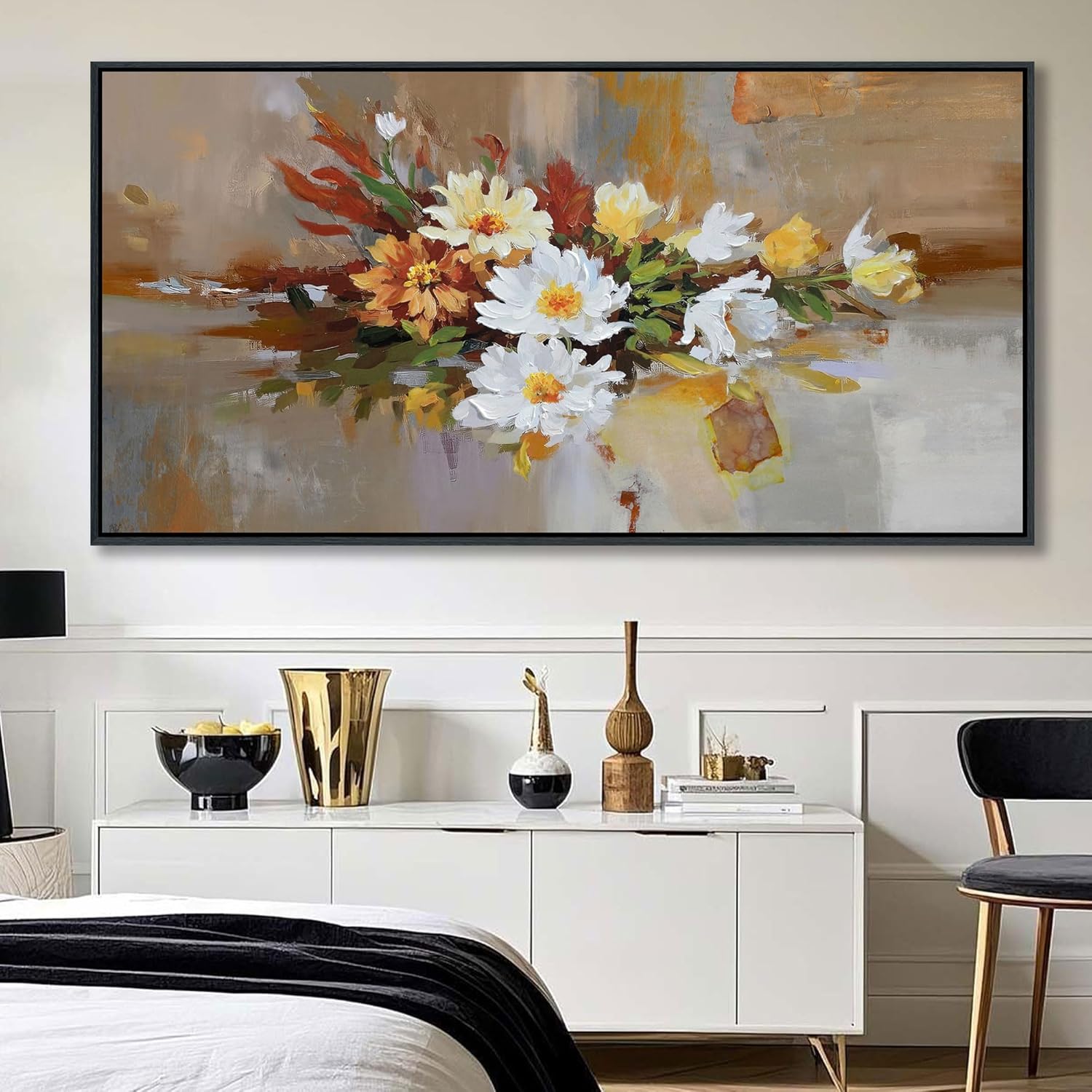 Yellow Floral Wall Art - Large Abstract Canvas for Bedroom & Living Room Decor | Framed Modern Artwork 29x58 IN
