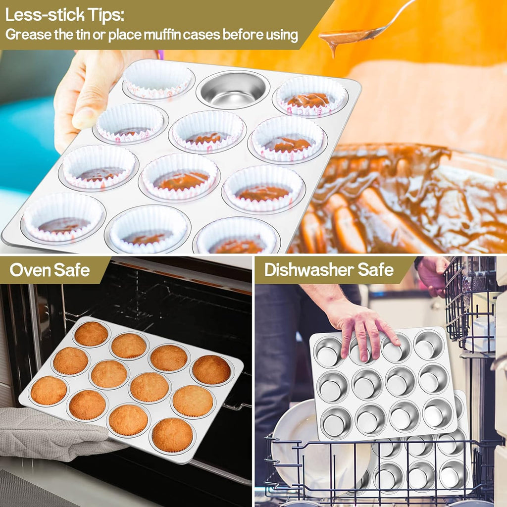 TeamFar 12-Cup Muffin Pan - Stainless Steel Cupcake Baking Tin | Non-Toxic & Dishwasher Safe