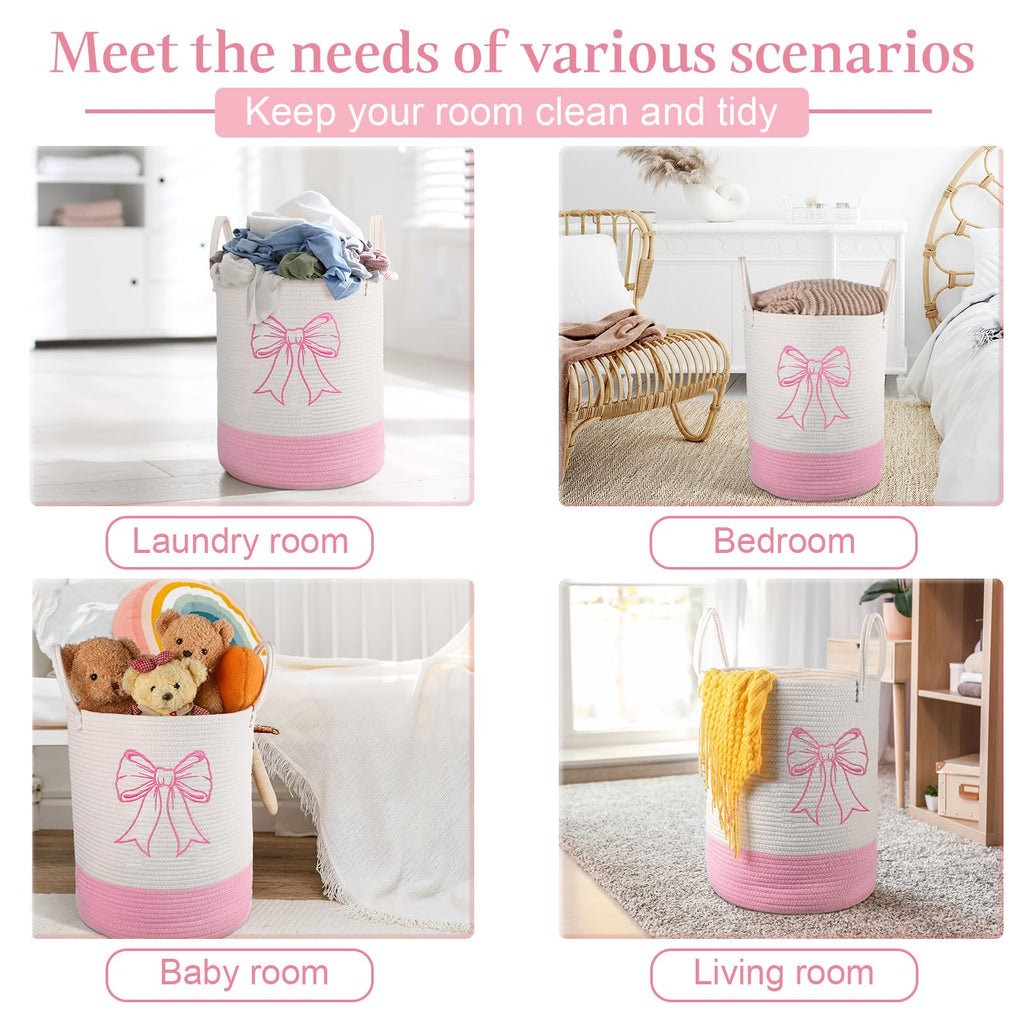 Honeydak 15'' x 18'' Pink Bow Cotton Rope Laundry Basket Hamper Large Laundry Basket Hamper Coquette Bow Room Decor Girls Girly Nursery Storage Bin Tall Round Organizer Blanket Toys Clothes(Bowknot)