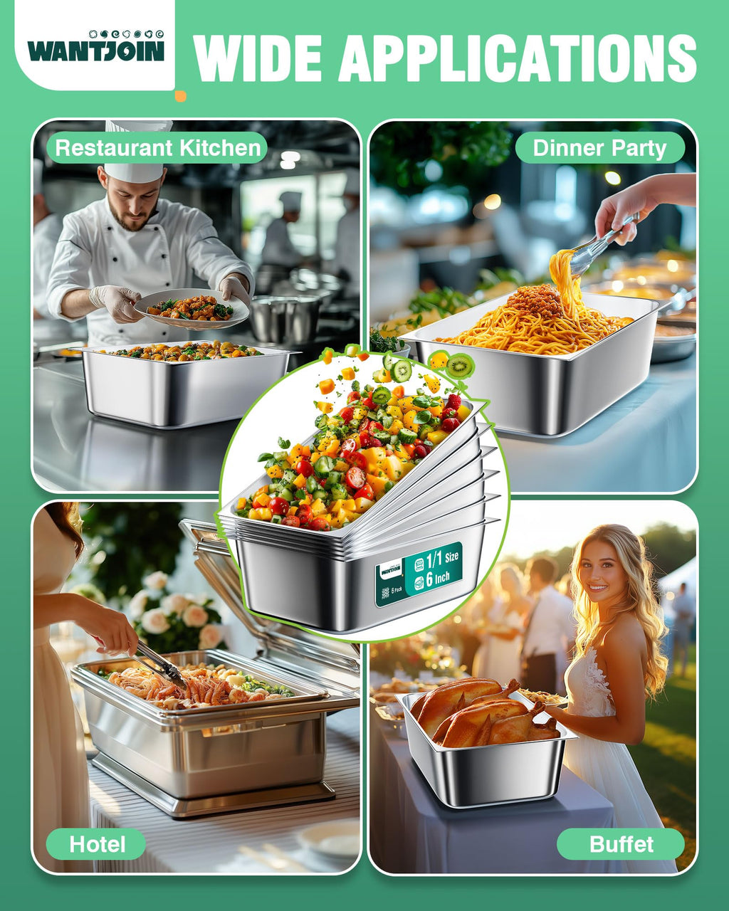 WantJoin Steam Table Hotel Pans 1/1 Full Size 6 Inch Deep 6 Pack, Stainless Steel Metal Tray Sets Food Storage Container for Restaurant Chafing Dishes Commercial Catering Supplies