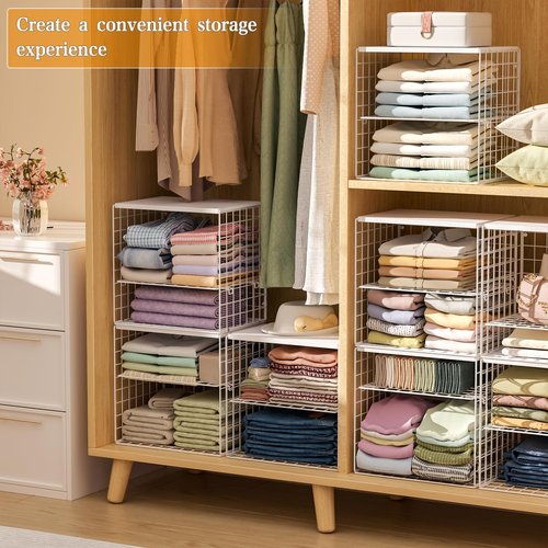 Huxitocan 4-Tier Stackable Closet Organizers and Storage Shelves, Closet Storage Basket with Wood Tops, Adjustable Height Dividers Closet Storage Bins for Home Closet Organizer System, White