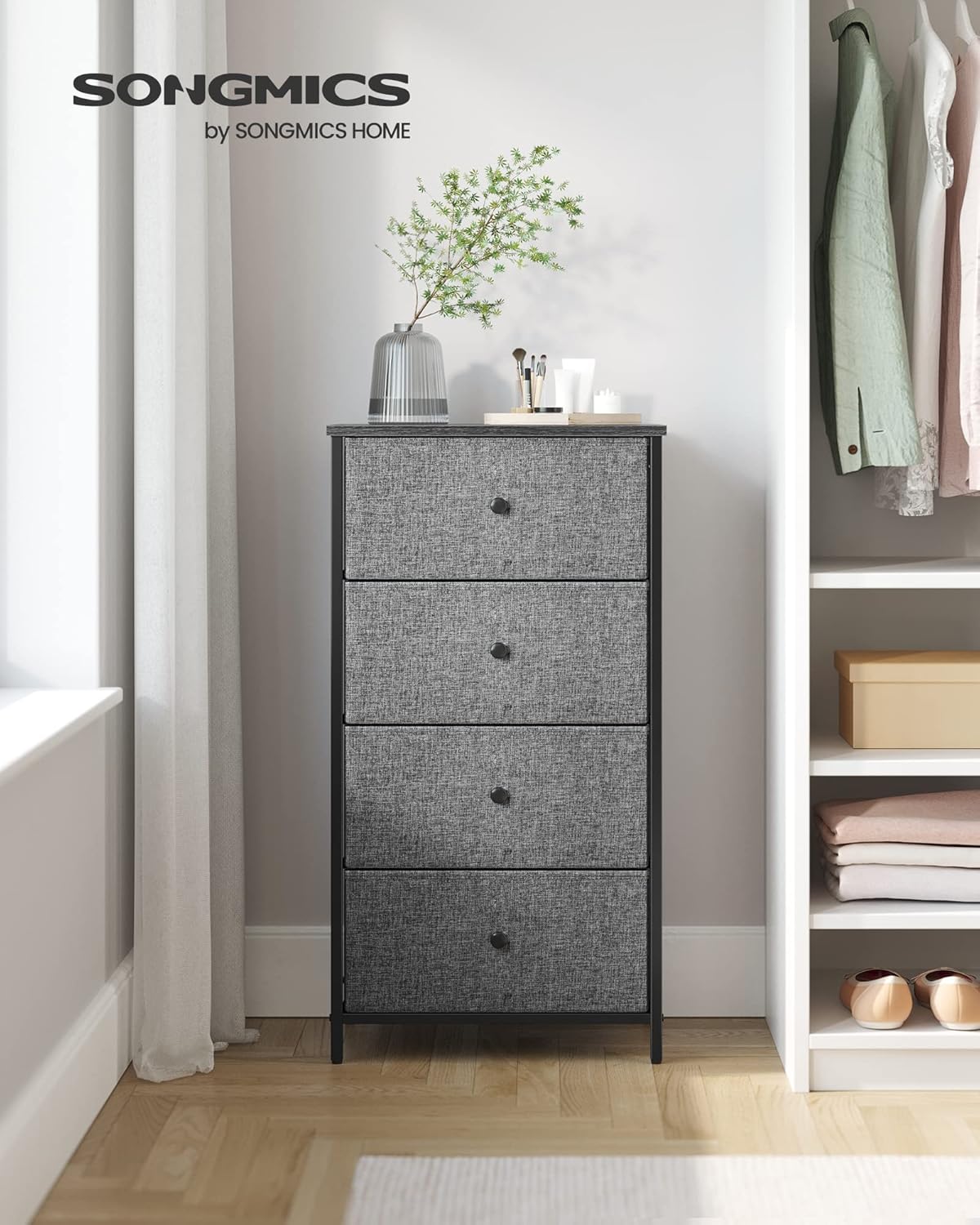 SONGMICS Fabric Dresser - 4 Drawer Small Chest with Metal Frame | Gray and Black Wood Grain Finish