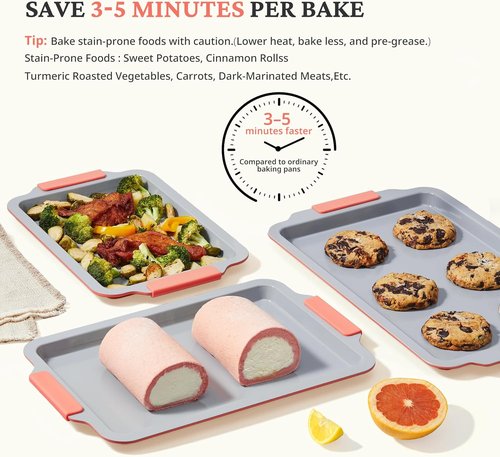 BRONYPRO Non-Stick Ceramic Baking Sheet Set - Heavy-Duty PFOA & PTFE Free Cookie Trays | 3-Piece Coral