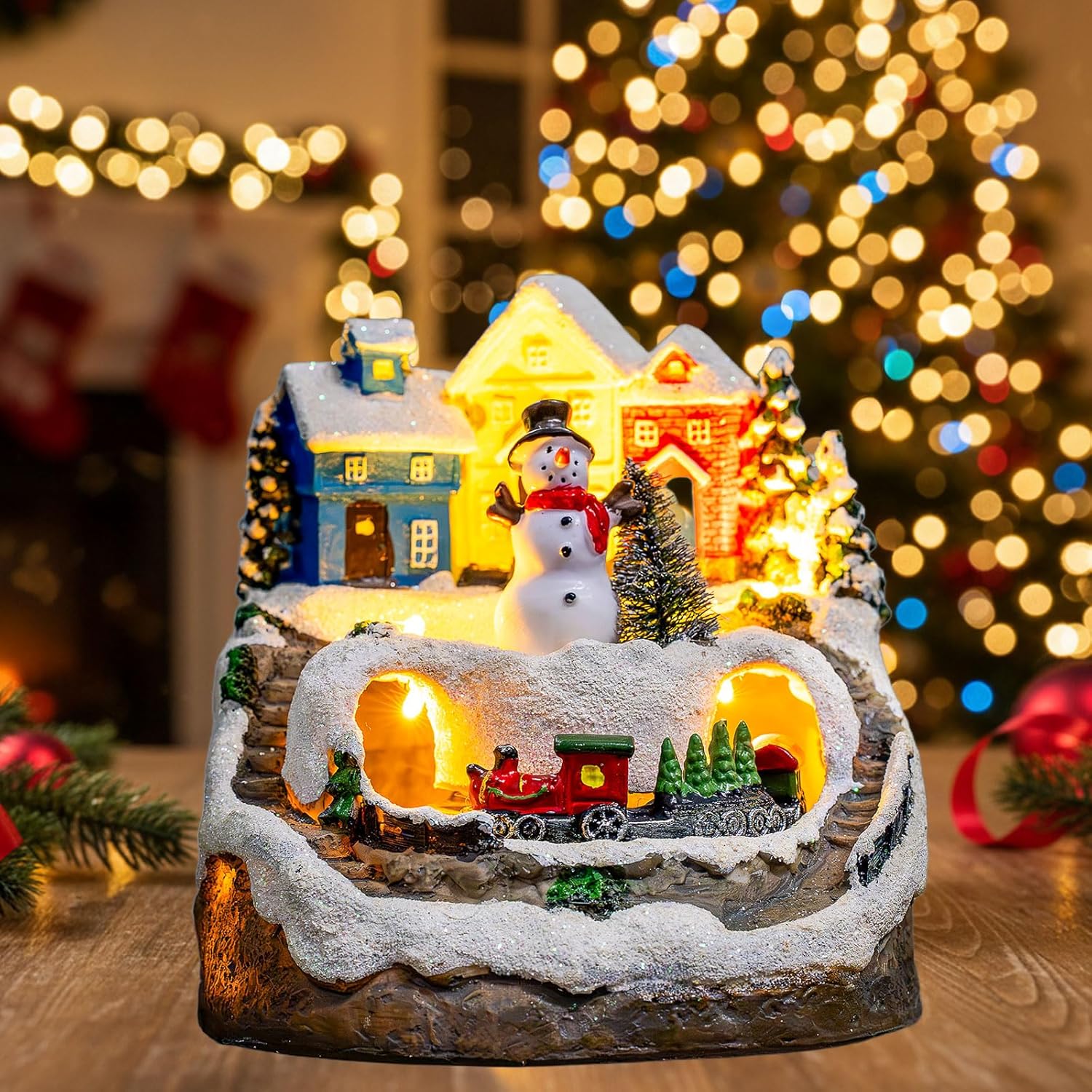 ZQQLITE Animated Musical Christmas Snowman Village - Lighted Figurines with Rotating Train for Home Decor