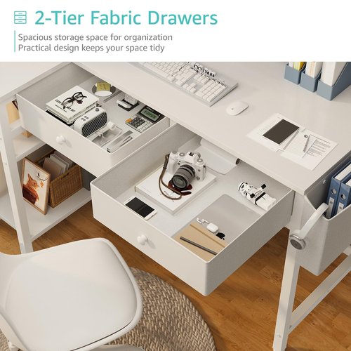DLisiting Small White L Shaped Desk with Drawers & Storage Shelves, 40 Inch Corner Desk with Power Outlet for Small Space Home Office, Study Work PC Desks for Bedroom