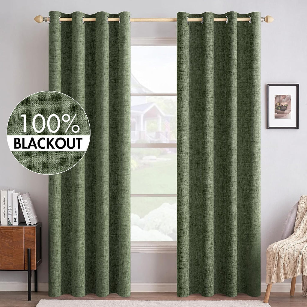 MIULEE 100% Blackout Linen Textured Curtains - Olive Green Thermal Insulated Drapes | 52 x 90 Inch (2 Panels)