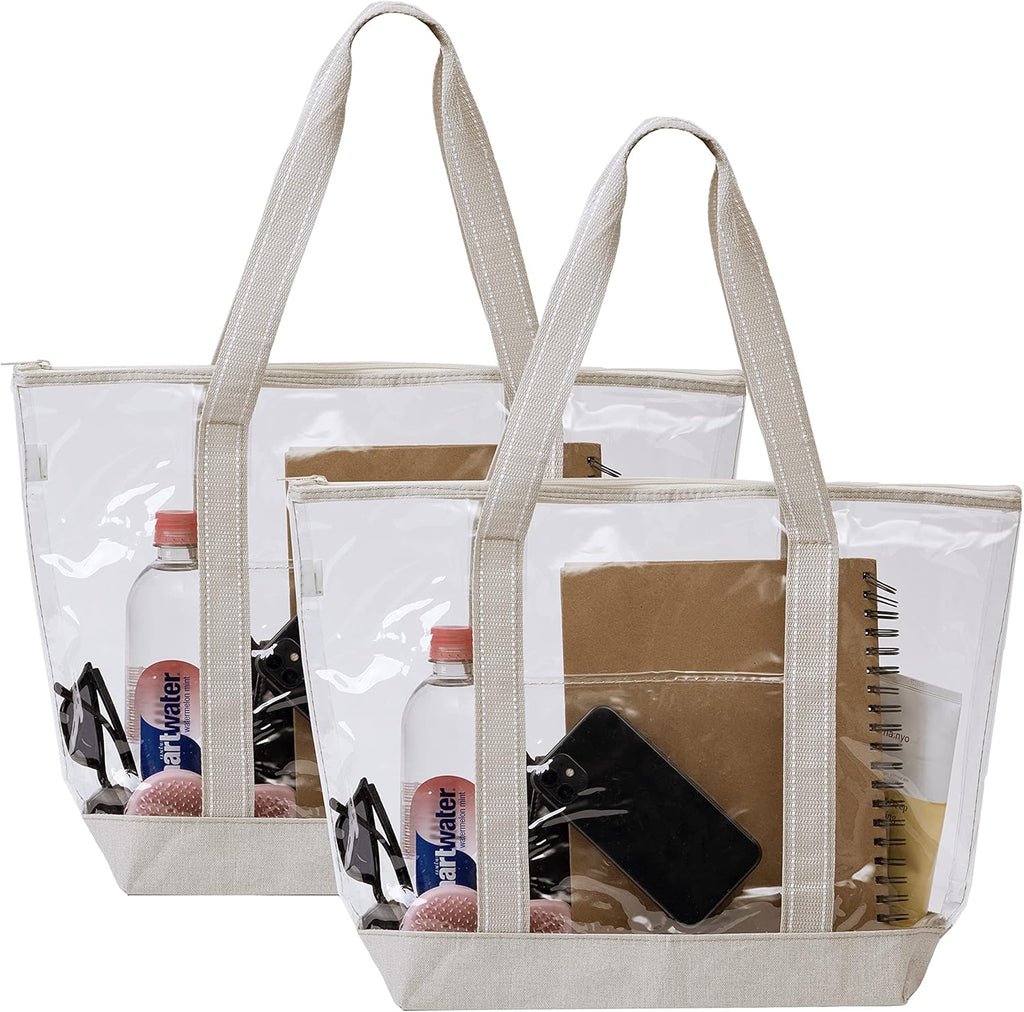 VENO Clear Beach Bag - Large Transparent Tote for Swim, Pool & Gym | Summer Vacation Essentials - Beige
