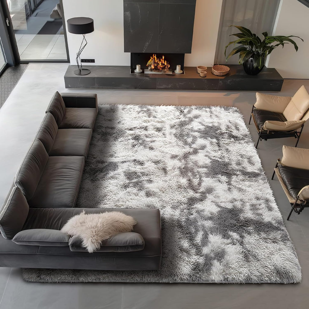 Ophanie Tie-Dyed Grey & White Area Rug - Large Soft Shag Carpet for Living Room & Nursery Decor