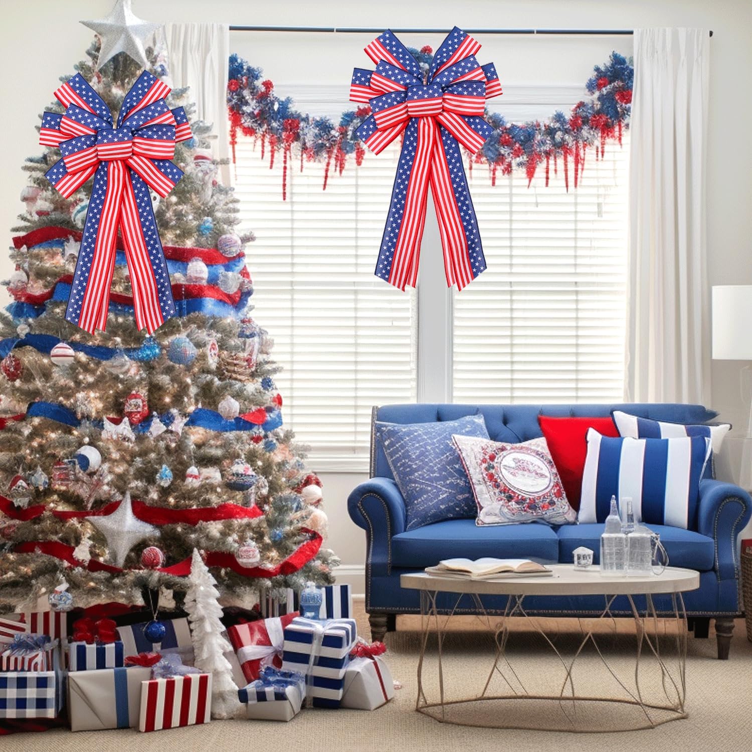 Skiennix Large Patriotic Wreath Bows - Star & Stripe American Flag Design | 20" x 12" Red & Blue Burlap for Holidays