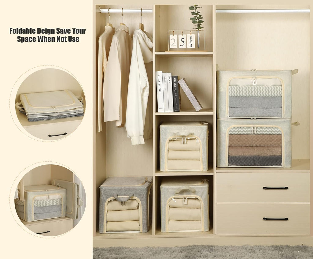 Skiennix Large Clothes Storage Bins - Foldable with Lid & Clear Window | 3-Pack, Beige, 66L
