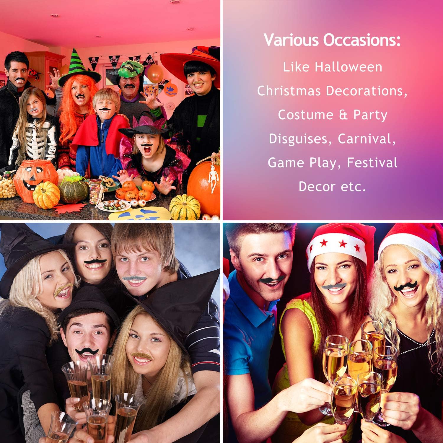 Whaline 48Pcs Self-Adhesive Fake Mustaches - Fun Costume Facial Hair for Halloween & Parties