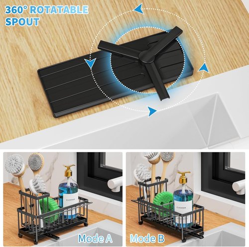 Cisily Kitchen Sink Caddy Organizer - Rustproof 304 Stainless Steel with High Brush Holder | Black, 9.25”