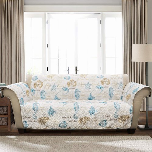 Lush Decor Harbor Life Furniture Protector, Couch Cover, 116" W x 75" L, Blue & Taupe - Quilted Coastal Couch Cover - Nautical Furnishings - Pet Sofa Covers - Furniture Covers For Sofa & Loveseat