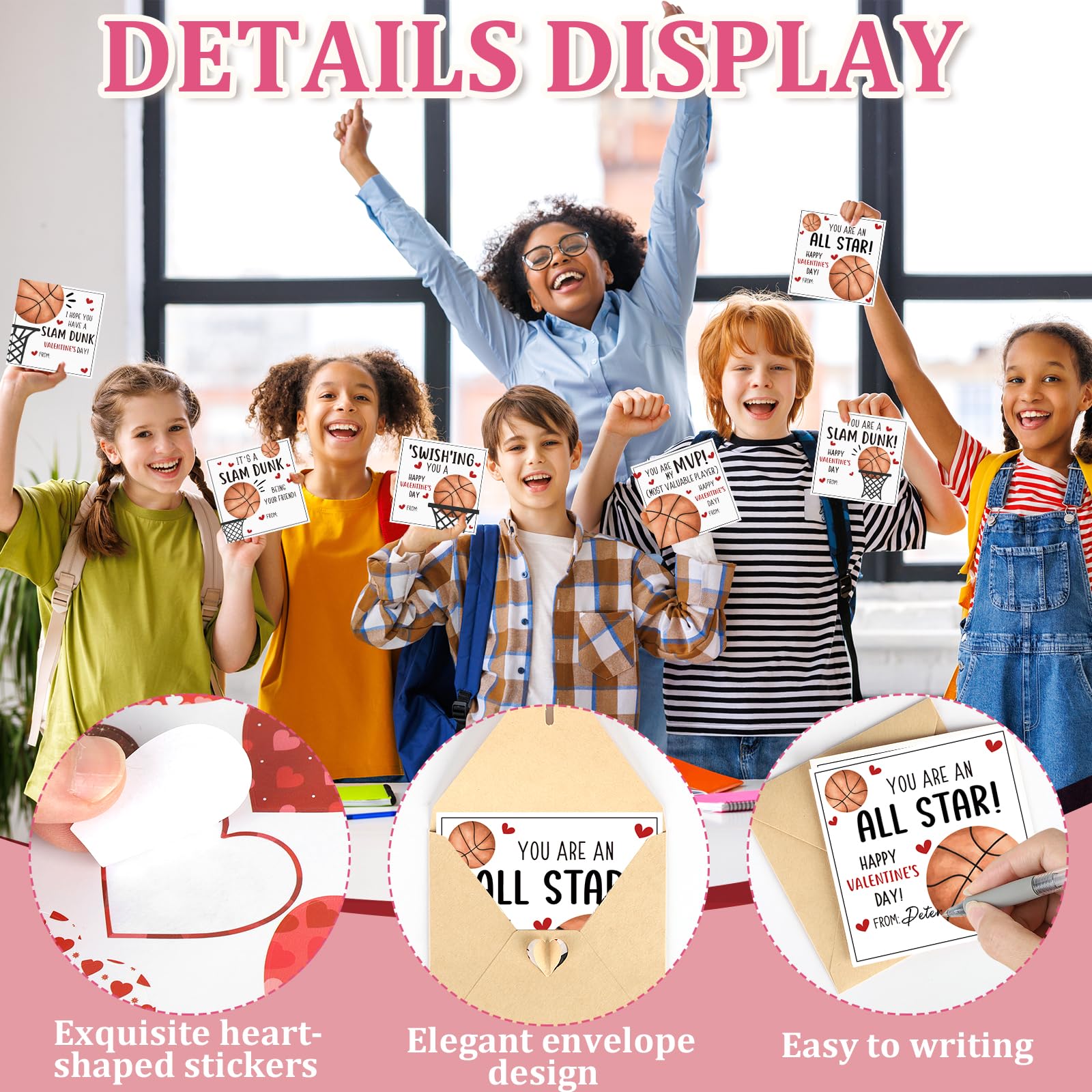 Hedeey 48 Pack Valentines Day Cards for Kids Classroom Basketball Valentine's Day Exchange Greeting Cards with Envelopes and Heart Stickers for Kids Classroom School Party Favors 4.3 * 4.3 inch