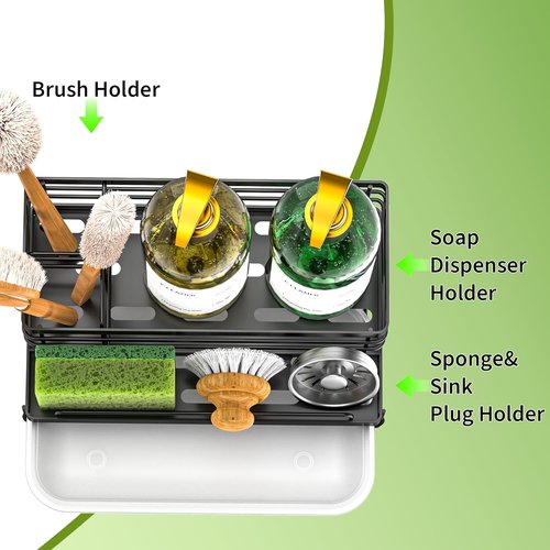 Cisily Large Black Kitchen Sponge Holder - Rustproof Sink Organizer with Drip Tray | Essential Home Accessory