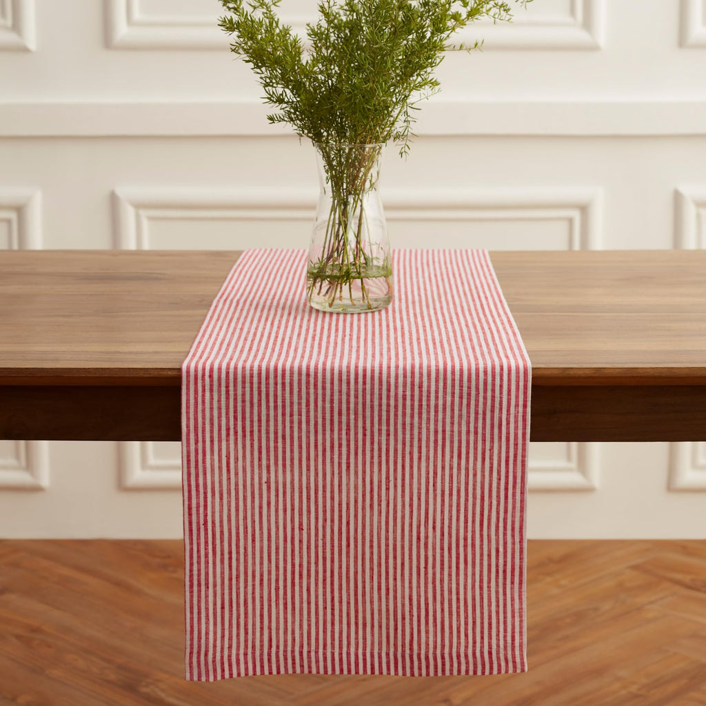 Solino Home Linen Table Runner 120 Inches Long - Narrow Stripe, 100% Pure Linen Red and White Table Runner 14 x 120 Inch for Dining, Mothers Day, Spring, Summer, Memorial Day