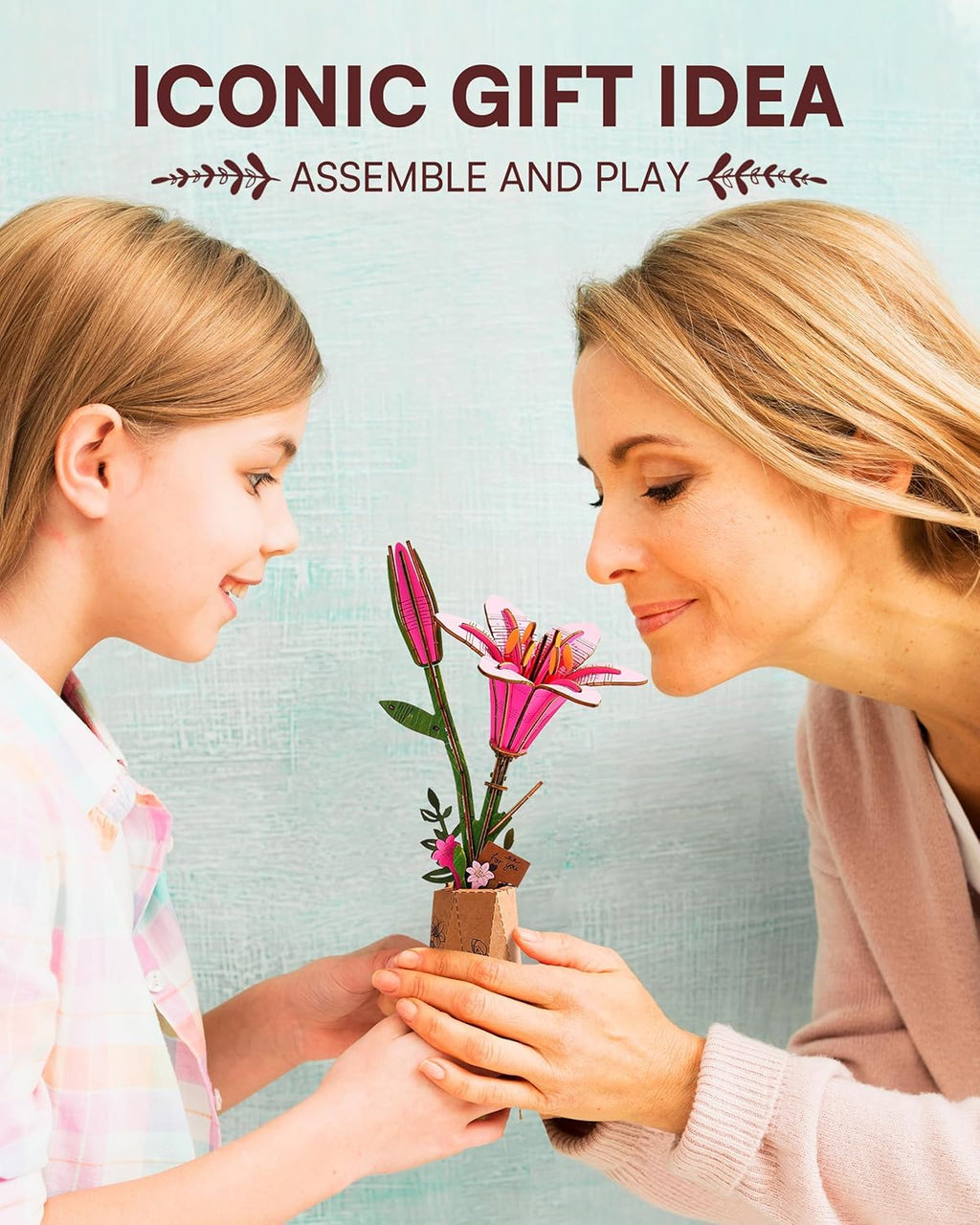Skiennix 3D Flower Wooden Puzzle - Pink Lily DIY Model Kit for Adults | Creative Gift for Mother's Day (73 PCS)