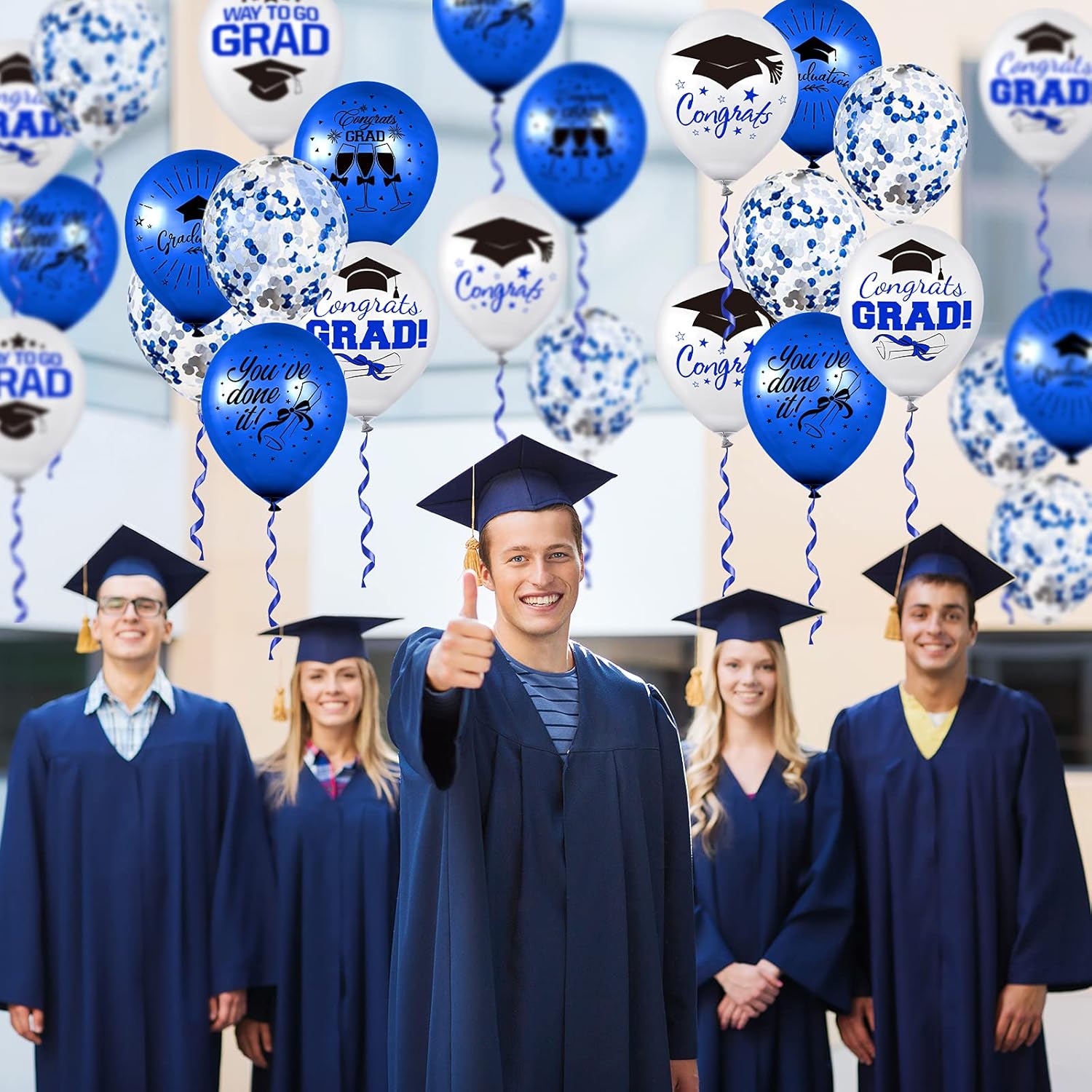 Whaline Graduation Party Balloon Set - 60 Pcs with Blue & White Confetti | 7 Designs & 2 Rolls of Ribbon