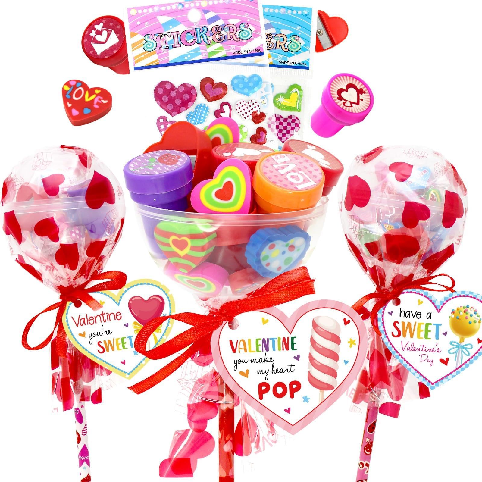 JJXUANER 24 Pack Valentines Day Gifts, Valentine's Day Gifts with Valentines Cards Pencils Stickers Erasers Stampers